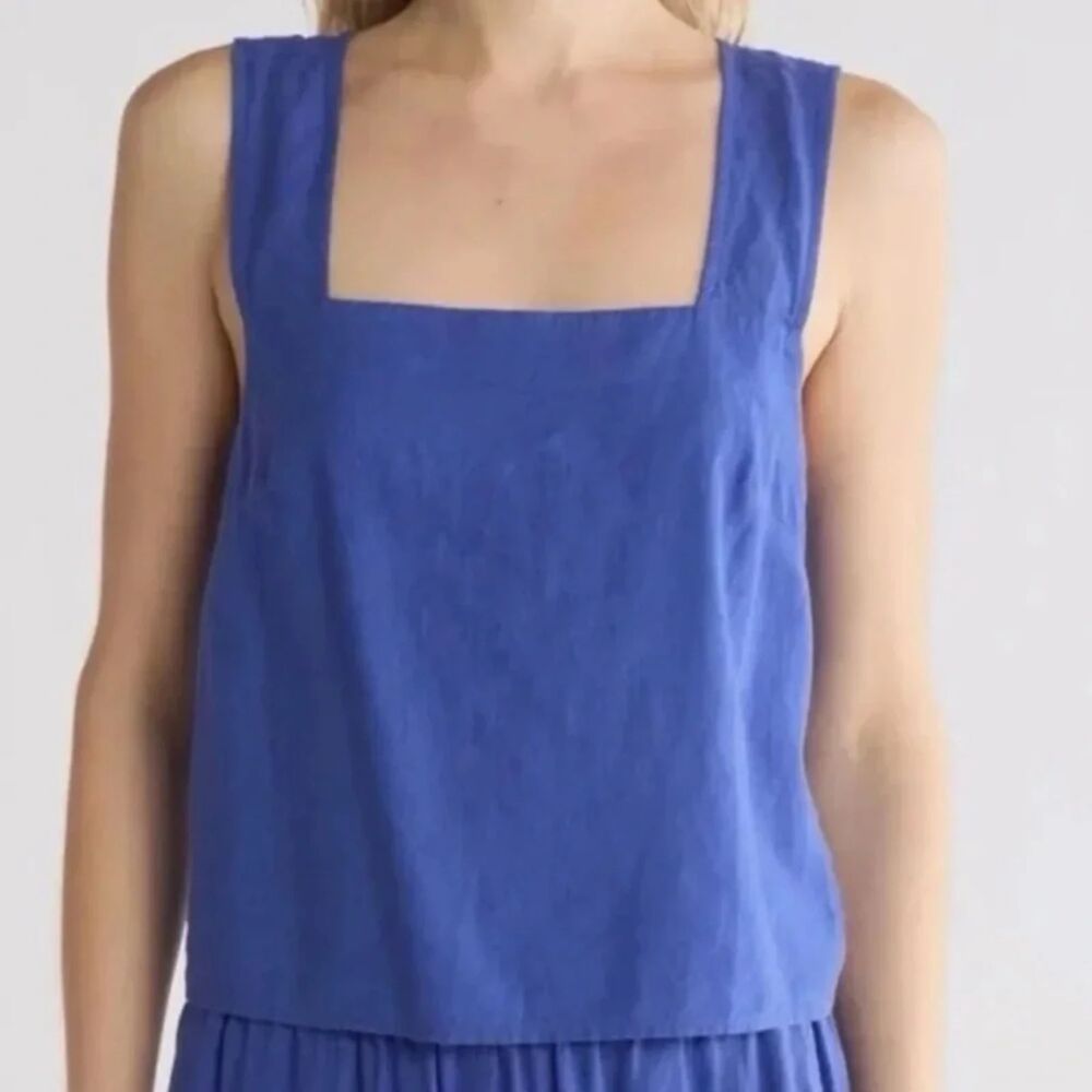 Madewell square neck cross back blue linen tank top size 4
